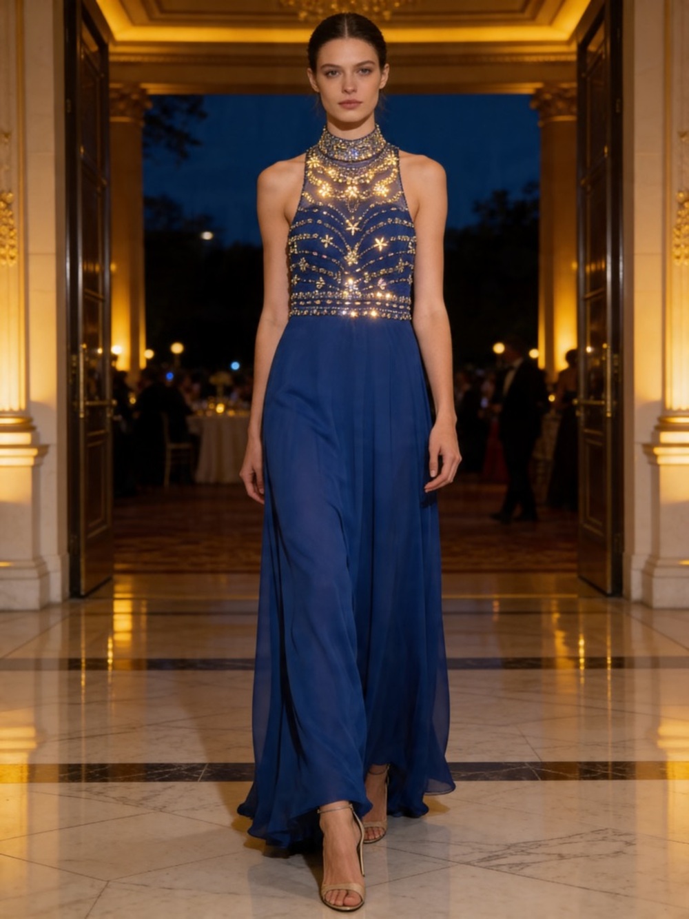 JJs House Royal Blue High-Neck Embellished Maxi Dress-13 inches w